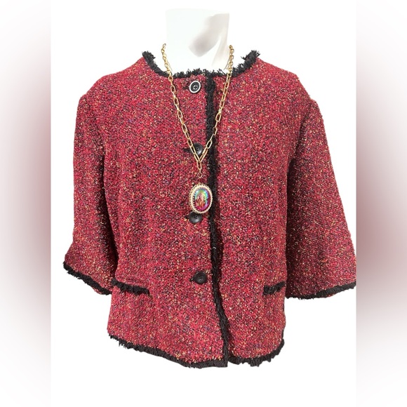 Hot in Hollywood Jackets & Blazers - Hot in Hollywood Red Tweed Boxy Jacket with Black Trim